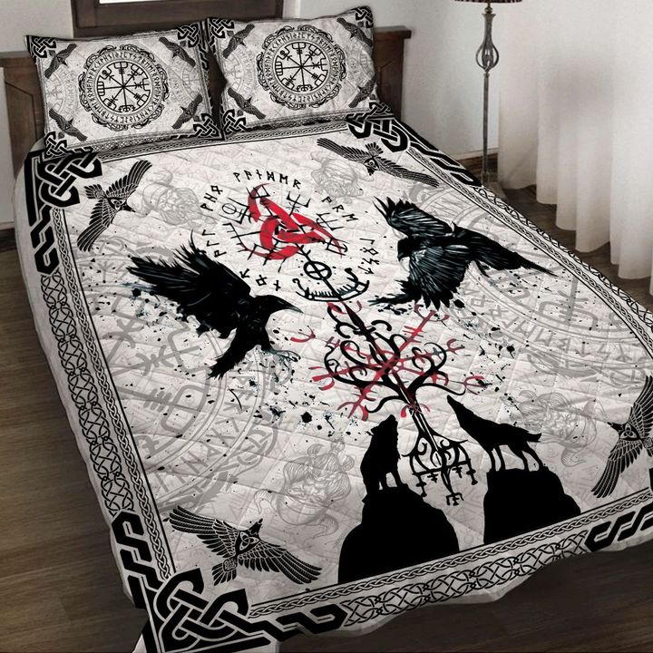 Viking Quilt Bed Set - BLACK AND WHITE RAVEN WOLF