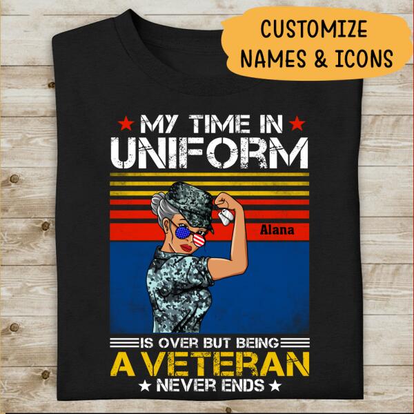 My Time In Uniform Is Over But Being A Veteran Never Ends Personalized T-shirt For Mom Mother Grandma Veteran