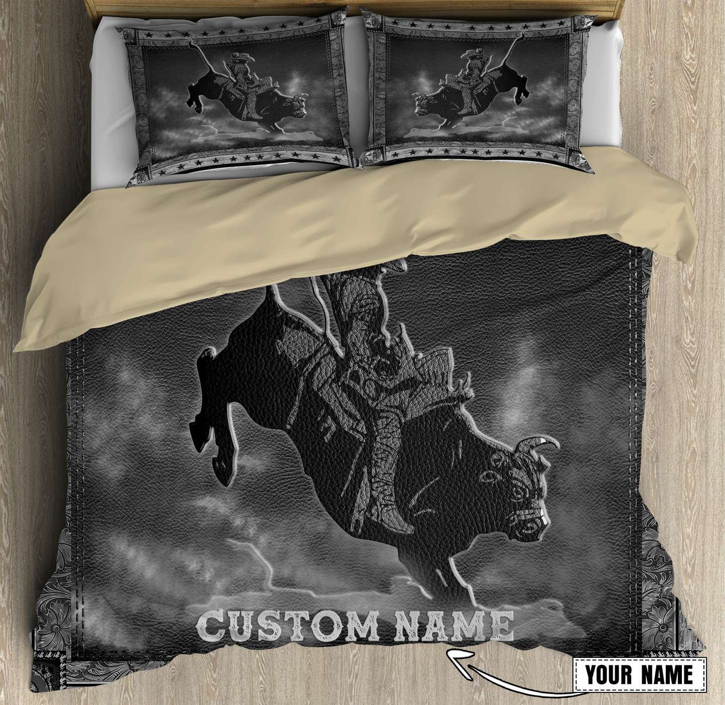Tmarc Tee Personalized Name Bull Riding Gray Ver Bedding Set