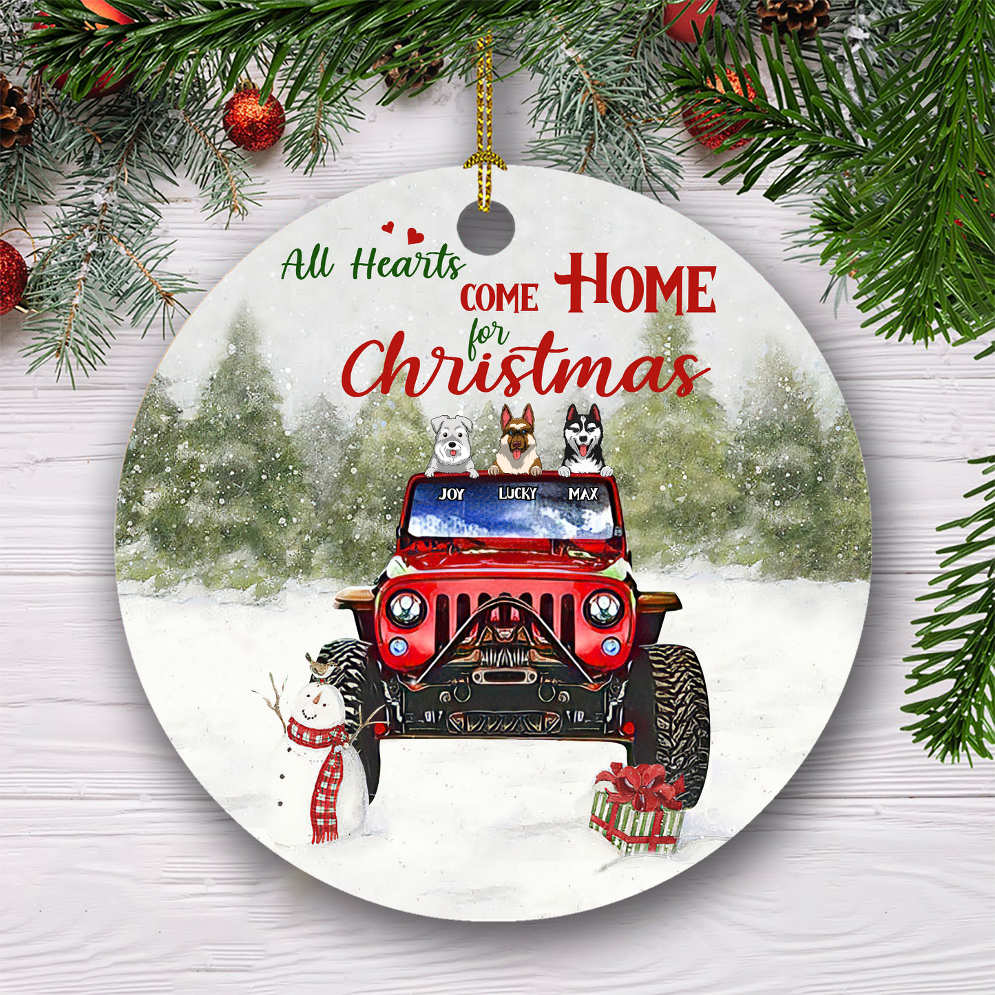 All Hearts Come Home For Christmas Customized Dog Breeds Red Jeep Ornament, Christmas Gifts For Dog Lovers