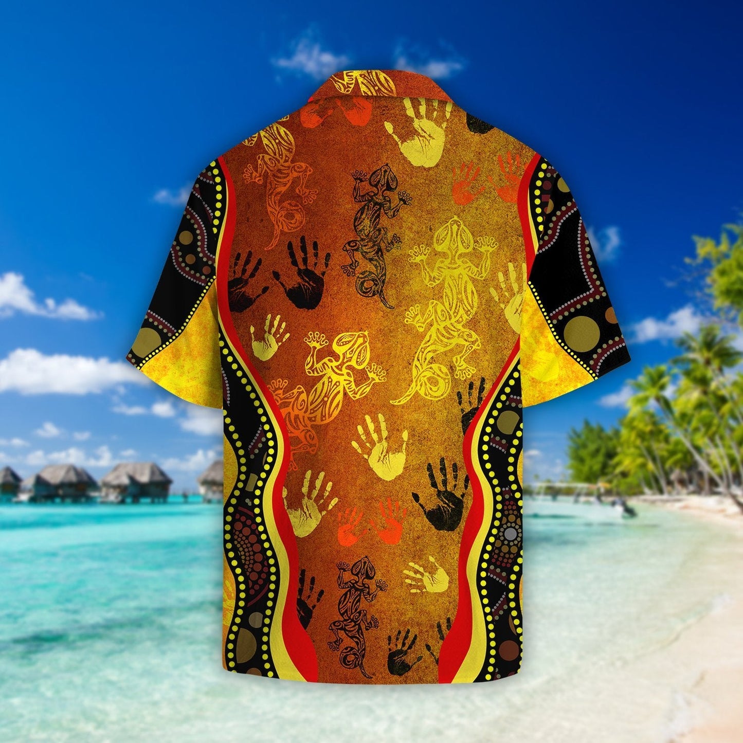 Aboriginal Australia Rock Painting Hand Lizard Art Golden Style Beach Shirt