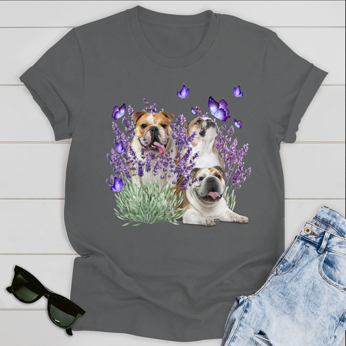 Dog T-shirt Bulldog And Flowers