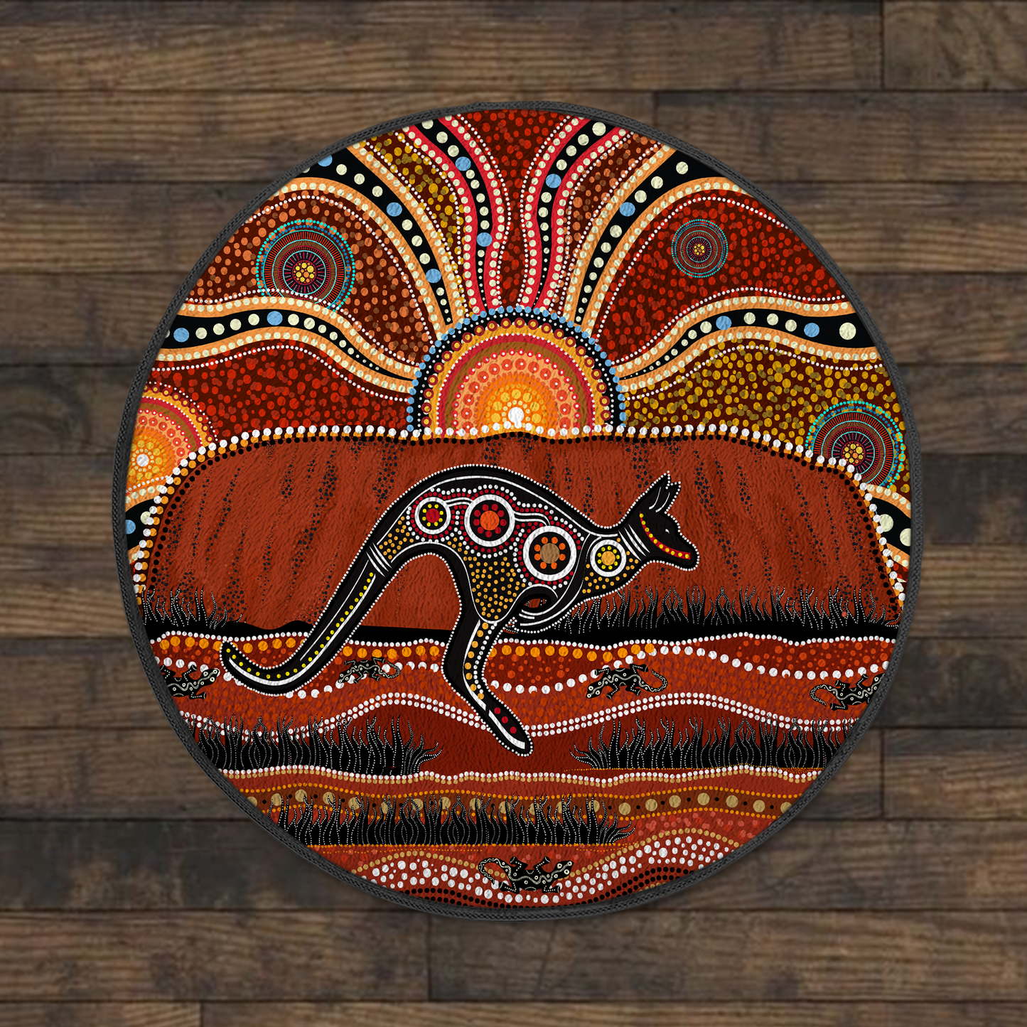 Aboriginal Kangaroo running Lizard Australia Art Circle Rug