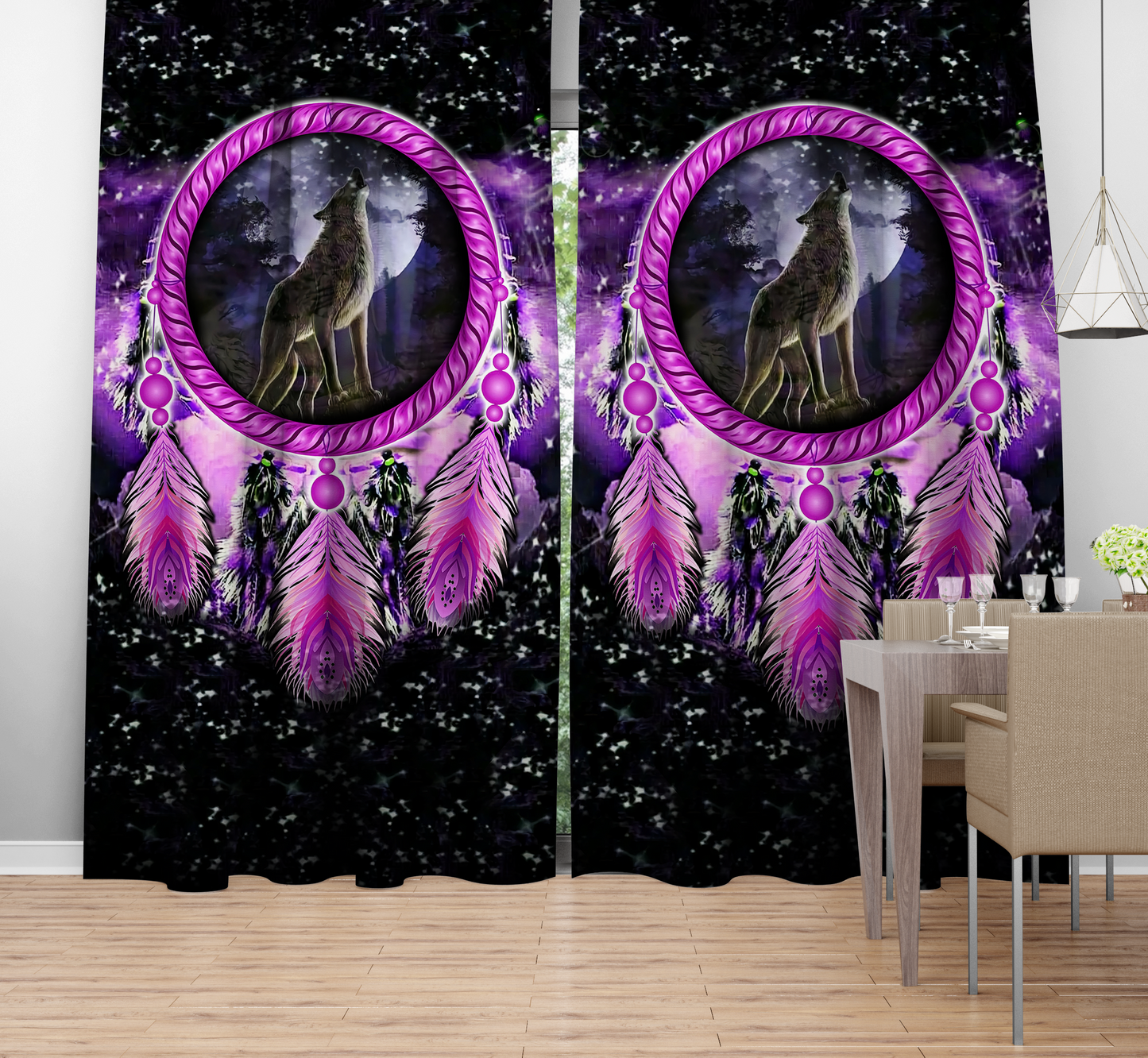 Violet Dreamcatcher Wolf Blackout Thermal Grommet Window Curtains JJ23052003