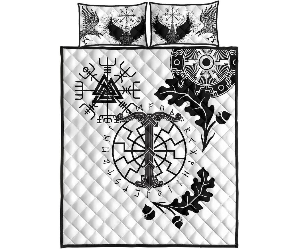 Viking Oak Leaf Quilt Bed Set Valknut Vegvisir With Irminsul - White