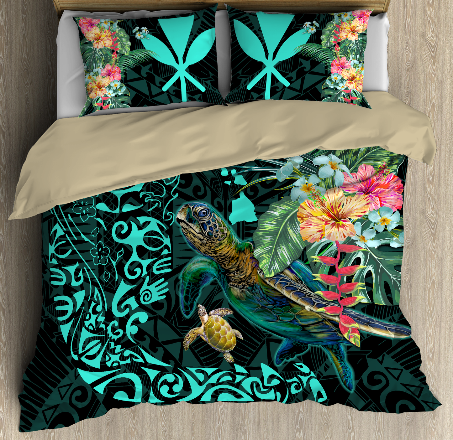 Turtles Kanaka Maoli Polynesian Plumeria Banana Leaves Hawaiian Bedding Set JJ23062021