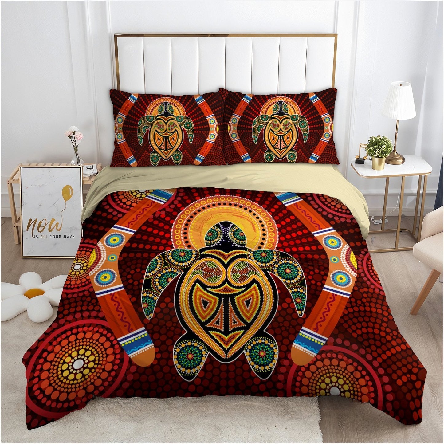 Aboriginal Turtle Boomerangs Bedding Set, Australia Indigenous Painting Art Bedding Set