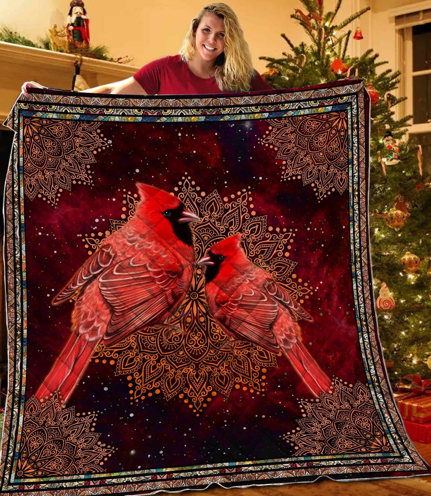 Beautiful Cardinals Birds Mandala Vintage Quilt