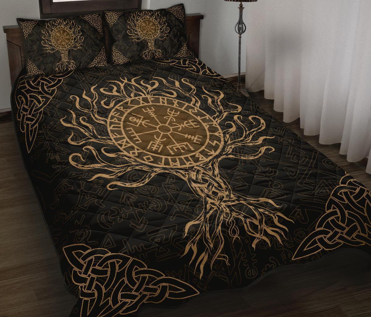 Viking Quilt Bed Set - Vegvisir Tree Of Life - Gold
