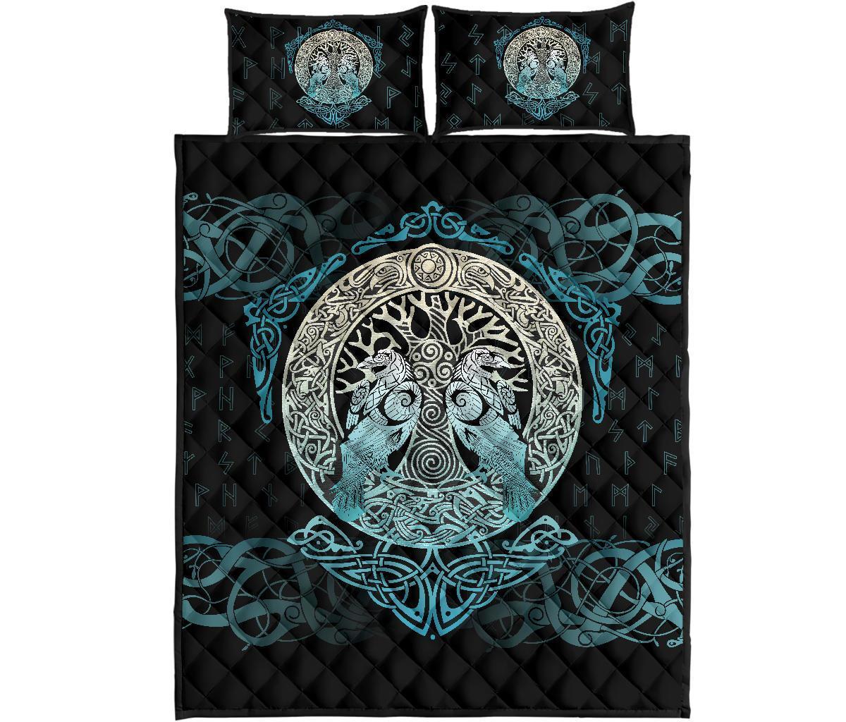 Viking Quilt Bed Set, Yggdrasil Ravens Rune