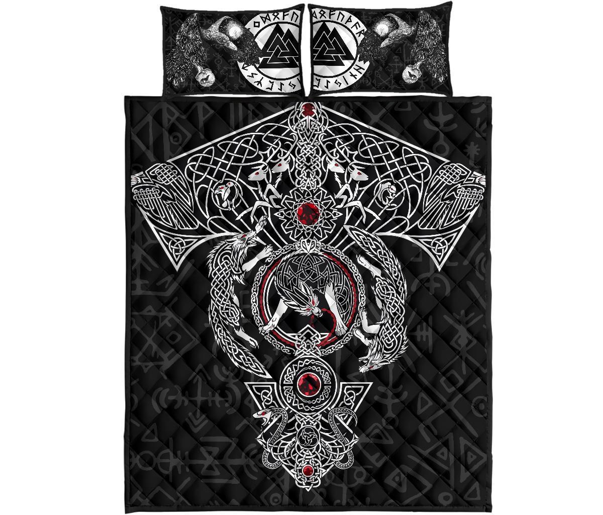Viking Quilt Bed Set, Fenrir Skoll And Hati Valknut Raven