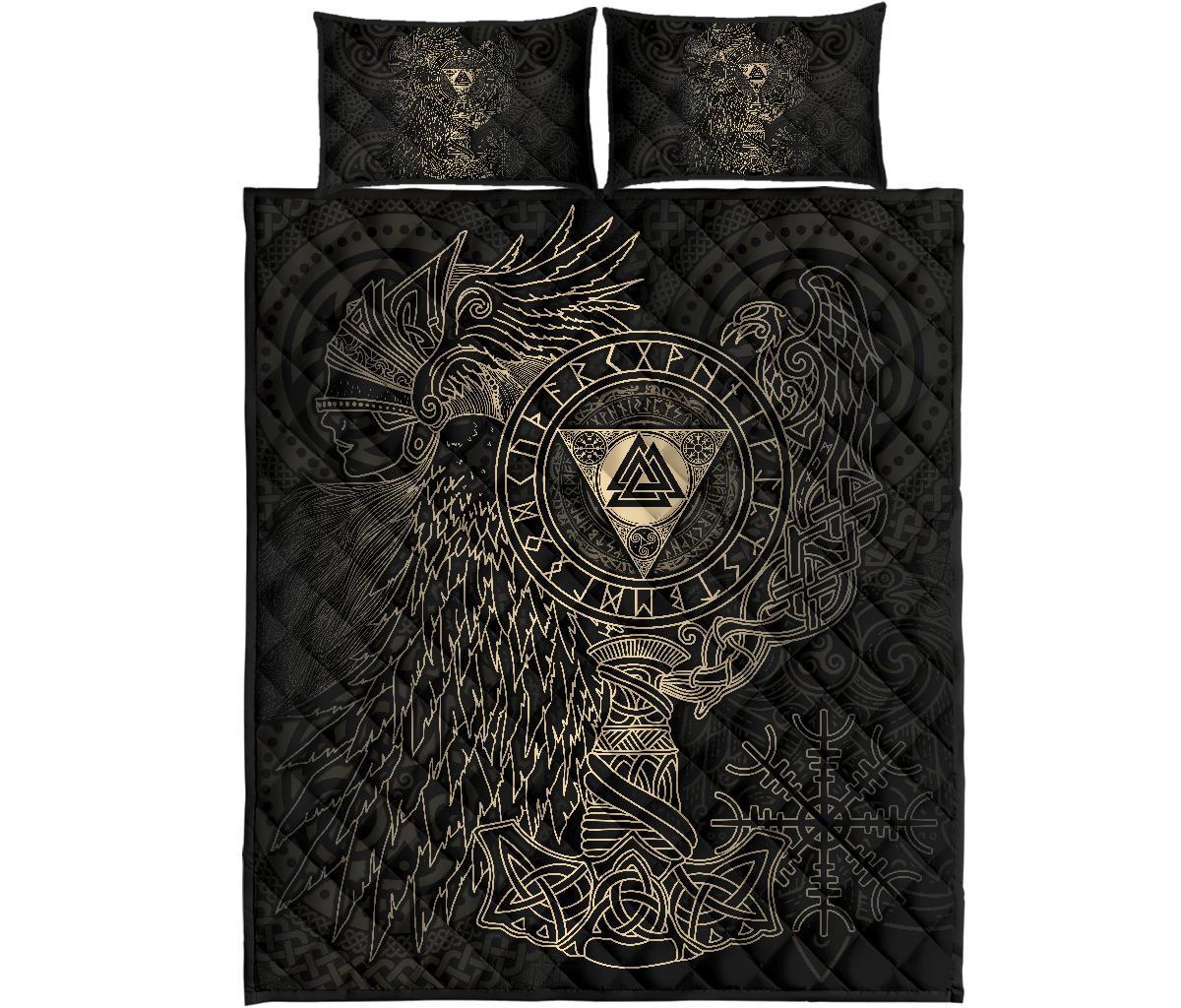 Viking Quilt Bed Set - Valknut with Helm of Awe and Horn Triskelion