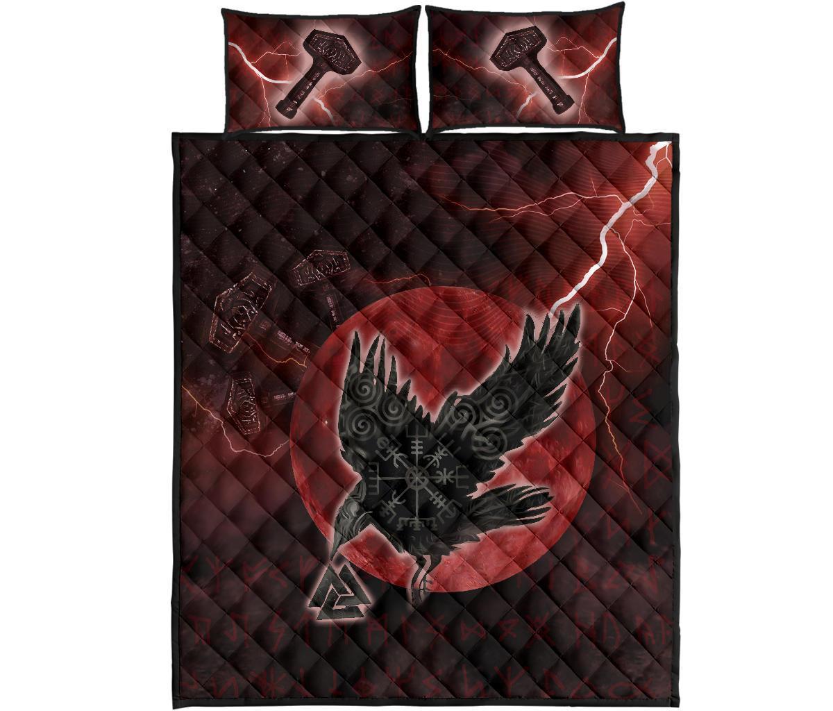 Viking Quilt Bed Set, Raven Helm Of Awe Valknut Mjolnir Rune