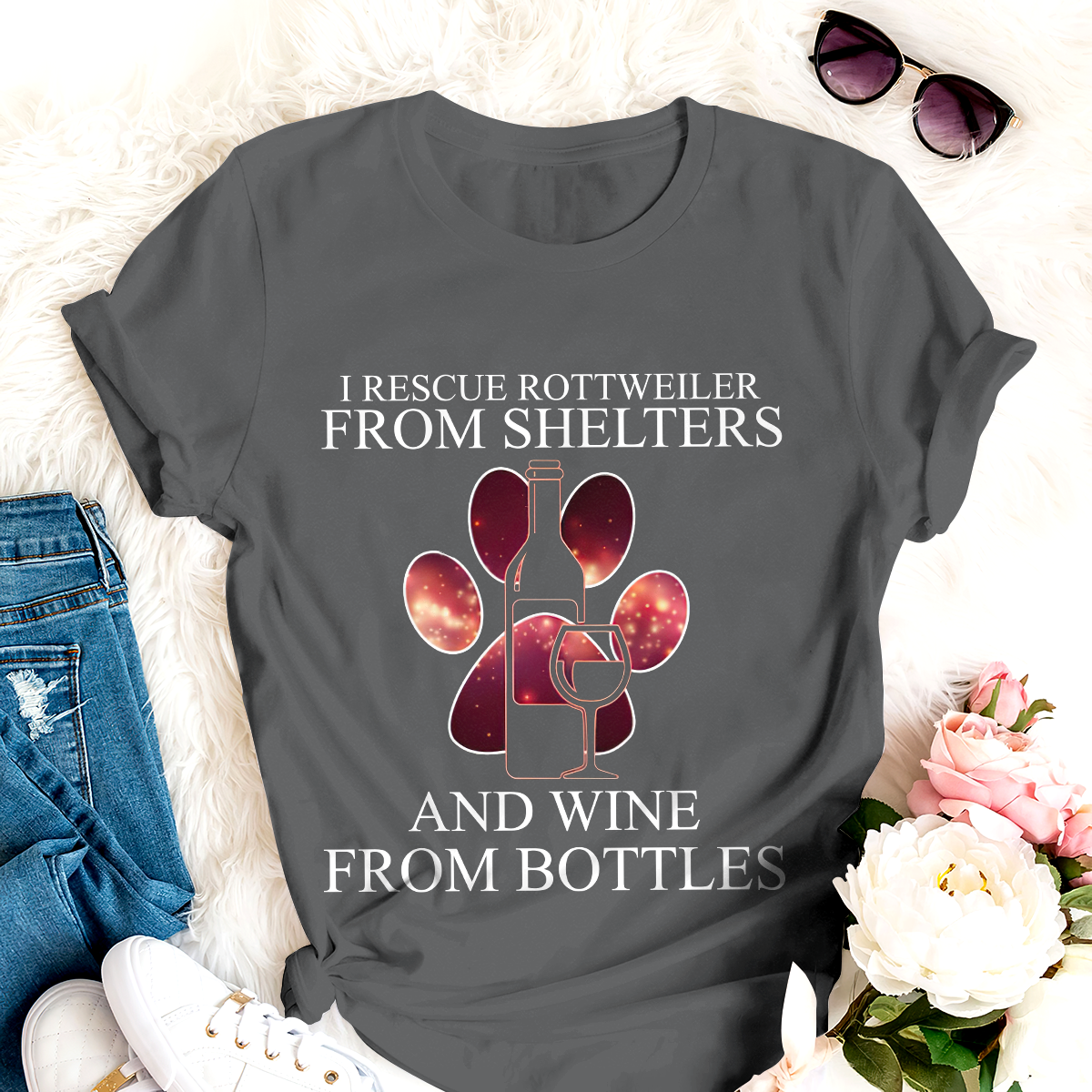 Dog T-shirt I Rescue Rottweiler And Wine From Bottles