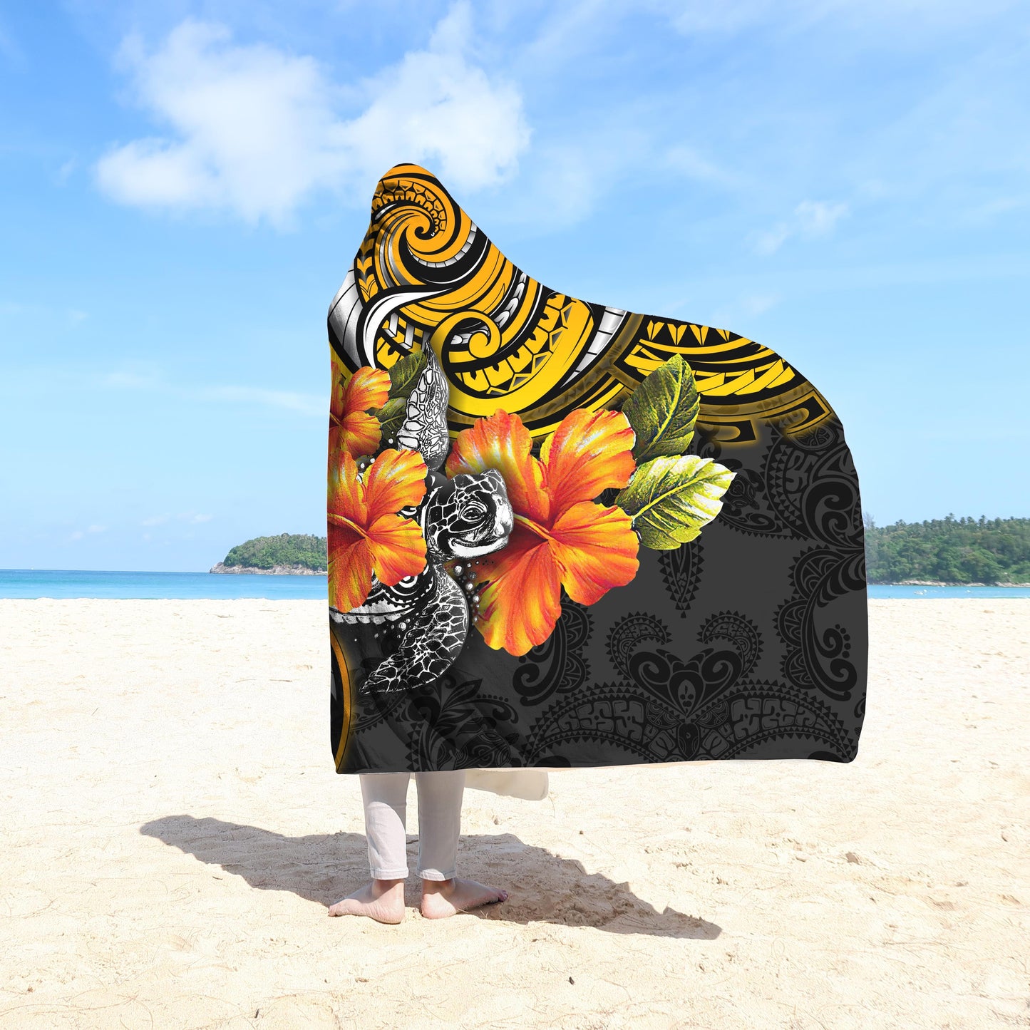 Amazing Polynesian Turtle Hibiscus 3D Over Printed Hooded Blanket for Men and Women ML