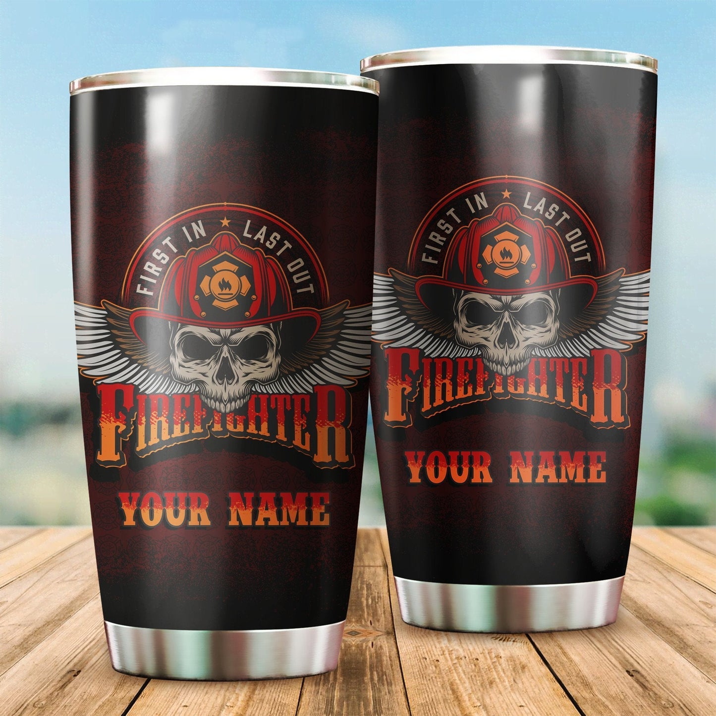 Firefighter Cool Skull Customize Name Stainless Steel Tumbler