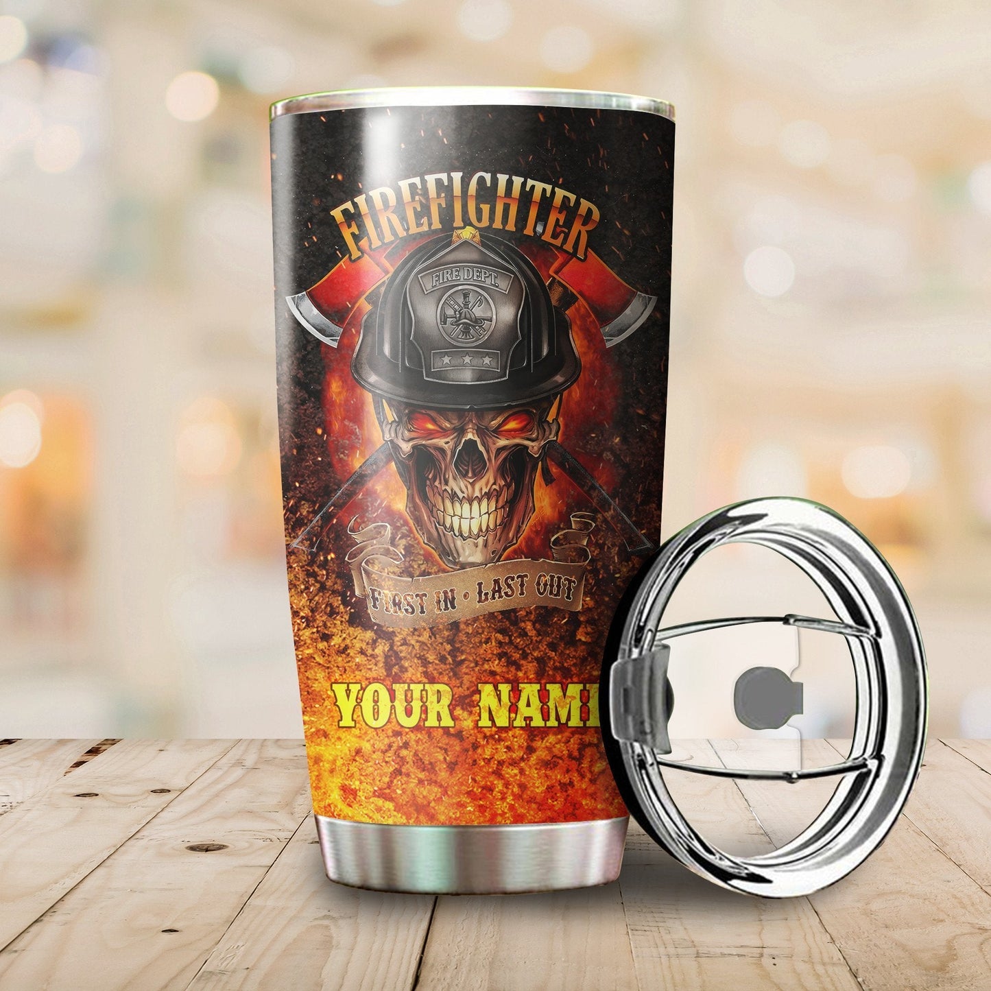 Firefighter Skull On Fire Customize Name Stainless Steel Tumbler