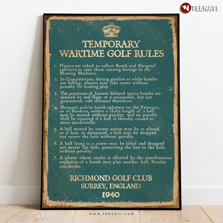 Vintage Temporary Wartime Golf Rules Richmond Golf Club Surrey England 1940 Poster