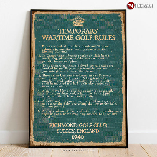 Vintage Temporary Wartime Golf Rules Richmond Golf Club Surrey England 1940 Poster