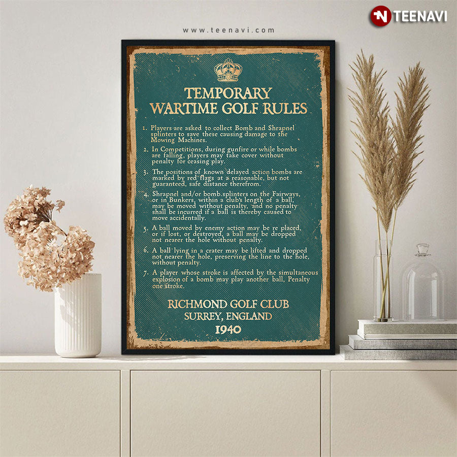 Vintage Temporary Wartime Golf Rules Richmond Golf Club Surrey England 1940 Poster