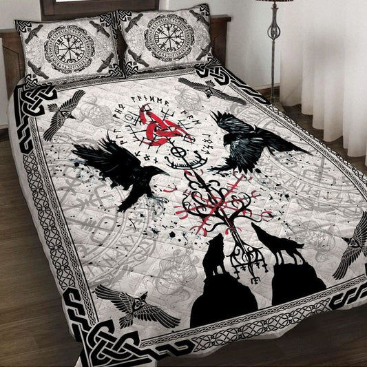 Viking Quilt Bed Set - BLACK AND WHITE RAVEN WOLF