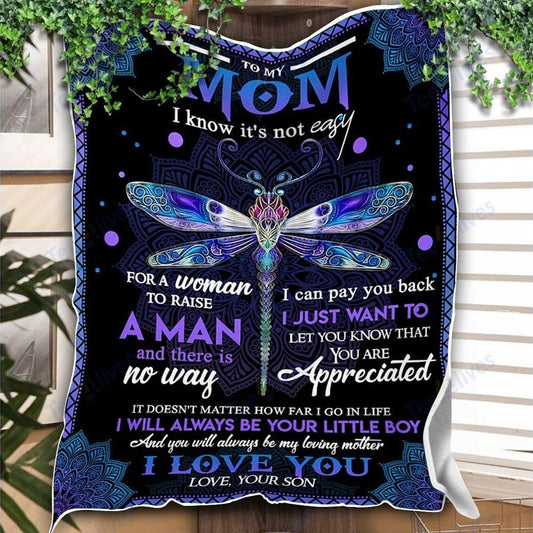 Custom Blanket Dragonfly To My Mom From Son -Best Gift For Mom Mother -Sherpa Blanket TA