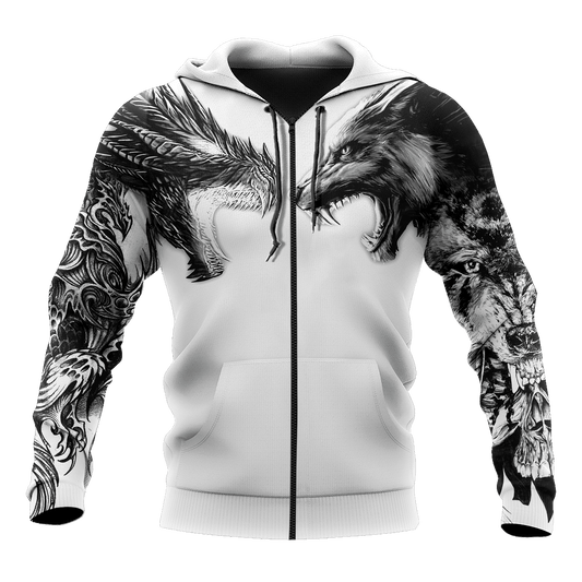 Tattoo Dragon And Wolf 3D Hoodie Shirt For Men And Women
