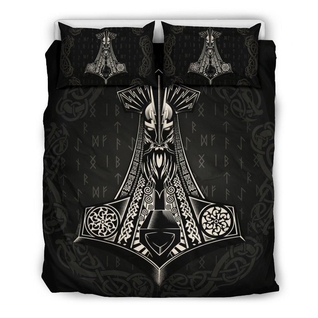 Viking Bedding Set - Odin Mjolnir Rune-Amaze Style™-Bedding Set - Beige-Queen/Full-Black-Vibe Cosy™
