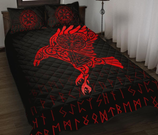 Viking Quilt Bed Set - Raven VegvisirValknut Rune V1-Amaze Style™-Quilt Bed Set-Twin-Black-Vibe Cosy™