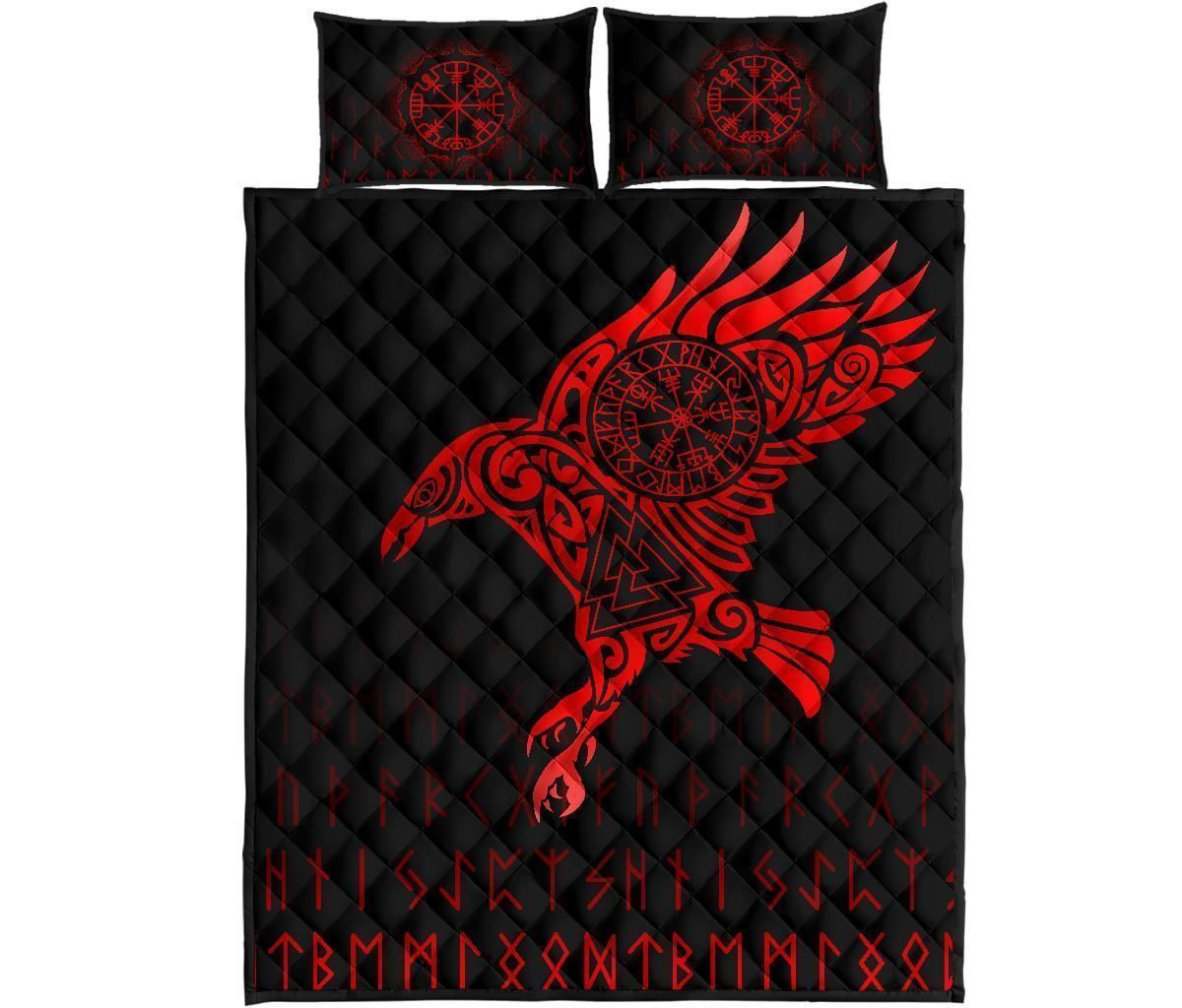 Viking Quilt Bed Set - Raven VegvisirValknut Rune V1-Amaze Style™-Quilt Bed Set-Twin-Black-Vibe Cosy™