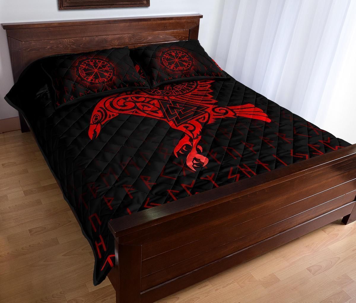 Viking Quilt Bed Set - Raven VegvisirValknut Rune V1-Amaze Style™-Quilt Bed Set-Twin-Black-Vibe Cosy™