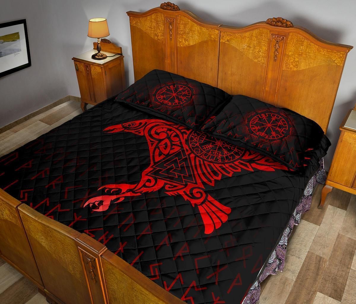 Viking Quilt Bed Set - Raven VegvisirValknut Rune V1-Amaze Style™-Quilt Bed Set-Twin-Black-Vibe Cosy™