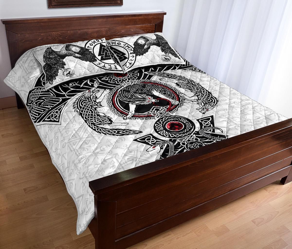 Viking Quilt Bed Set Odin's Ravens Fenrir Skoll And Hati Valknut-Amaze Style™-Quilt Bed Set-Twin-White-Vibe Cosy™