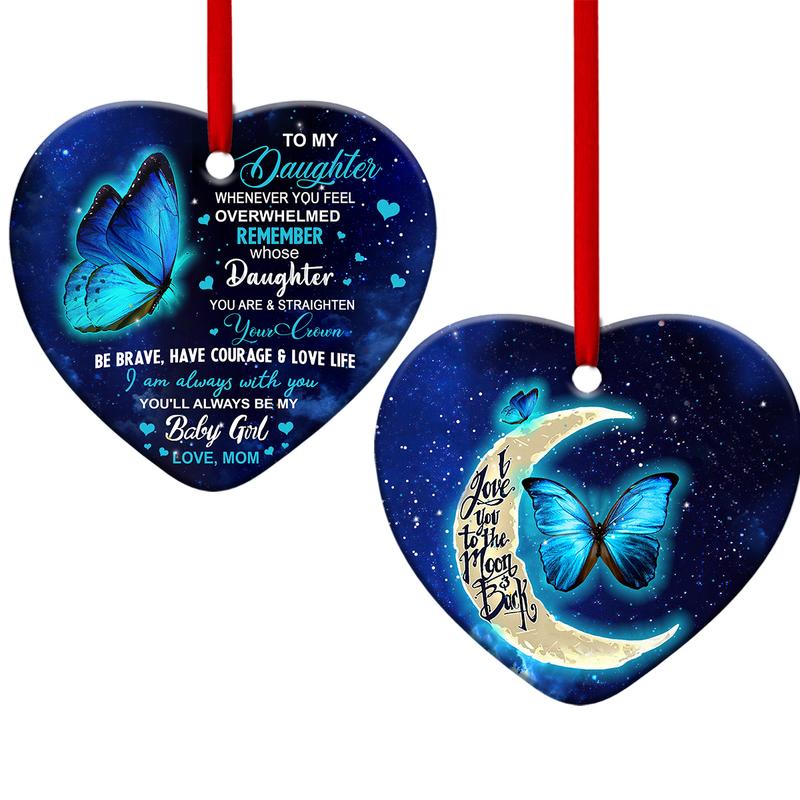 Butterfly Daughter Love You To The Moon And Back Heart Ornament, Memorial Gifts On Christmas Occasion