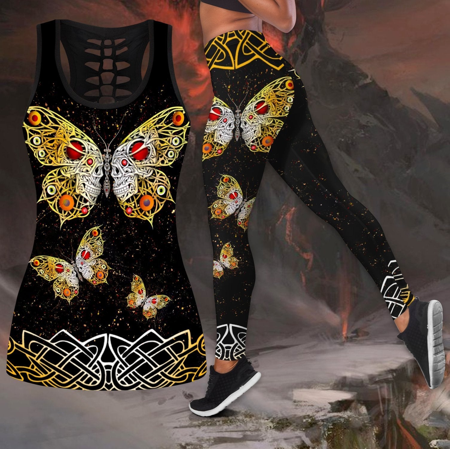 Butterfly Love Skull and Tattoos tanktop & legging outfit for women QB05202001 - Amaze Style™-Apparel