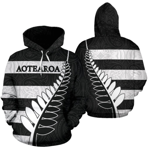 Aotearoa-New Zealand Hoodie Silver Fern - Black TH5 - Amaze Style™-Apparel