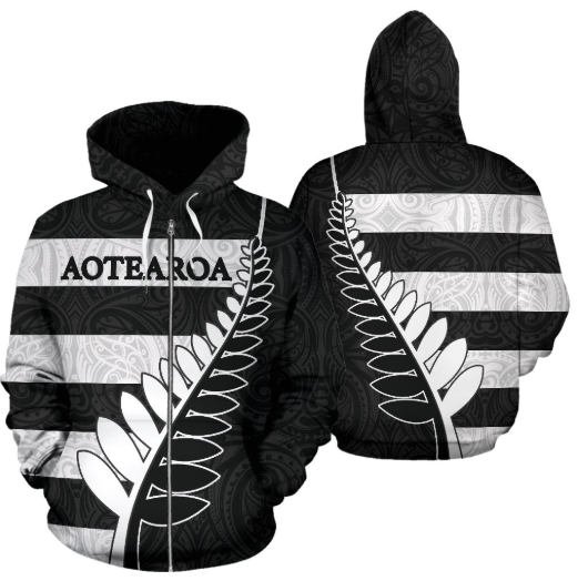 Aotearoa-New Zealand Hoodie Silver Fern - Black PL - Amaze Style™-Apparel