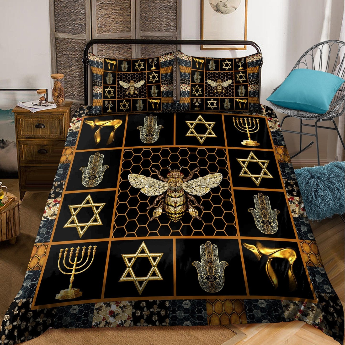 Bee And Jewish Symbols All Over Printed Bedding Set MEI