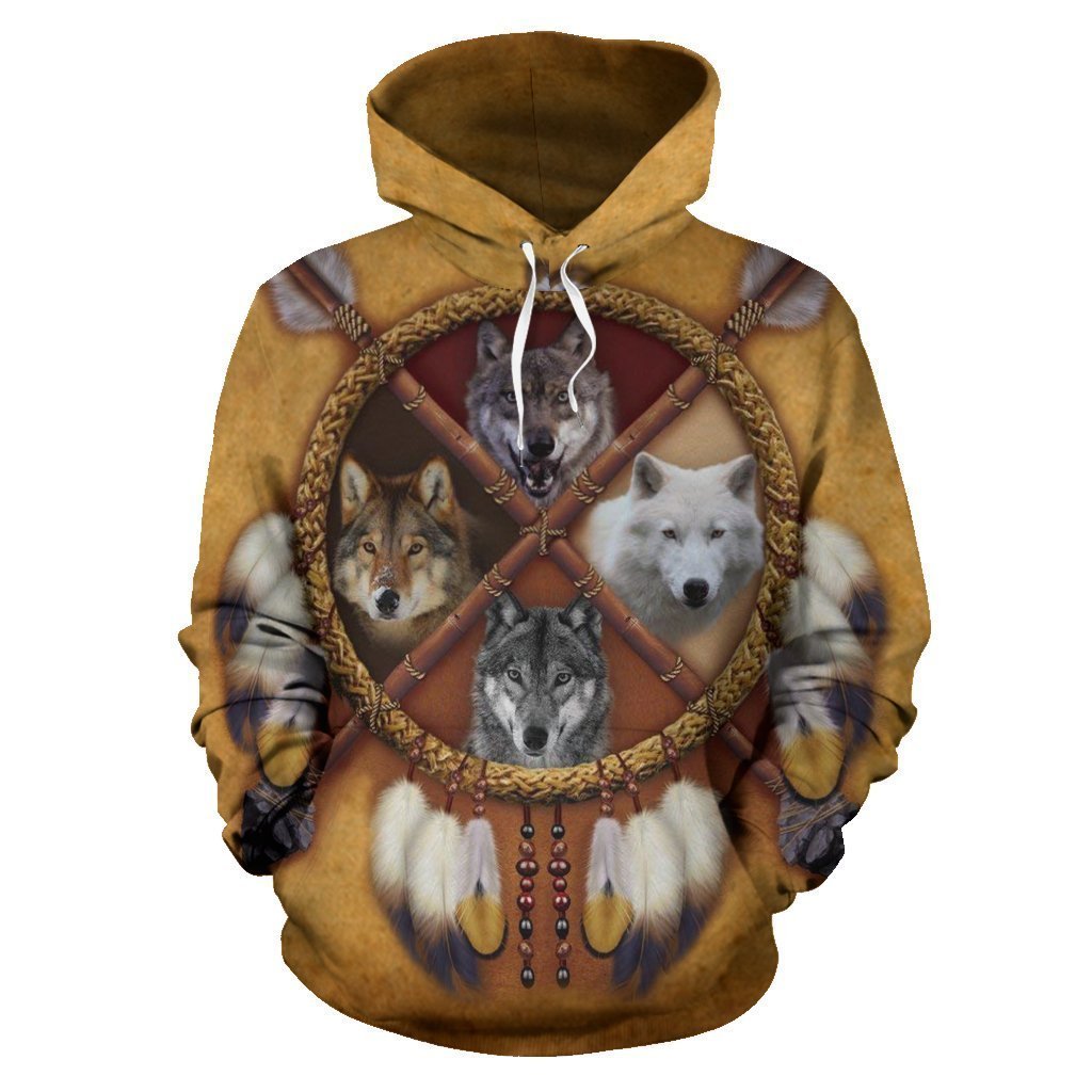 4 WOLVES DREAM CATCHER NATIVE OVER PRINT HOODIE HC1901 - Amaze Style™-Apparel