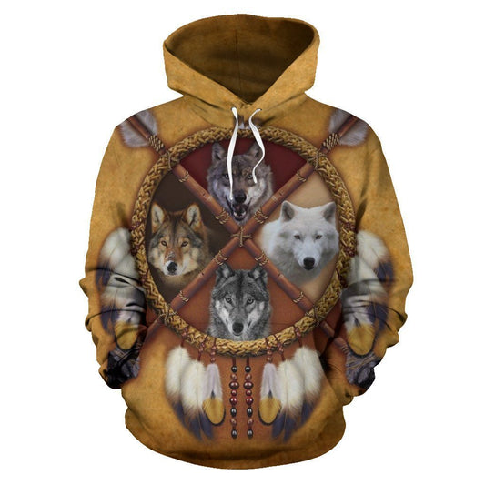 4 WOLVES DREAM CATCHER NATIVE OVER PRINT HOODIE HC1901 - Amaze Style™-Apparel