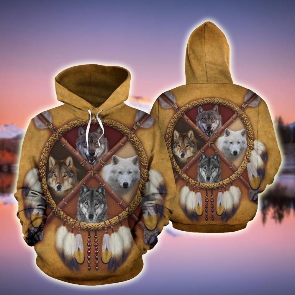 4 WOLVES DREAM CATCHER NATIVE OVER PRINT HOODIE HC1901 - Amaze Style™-Apparel