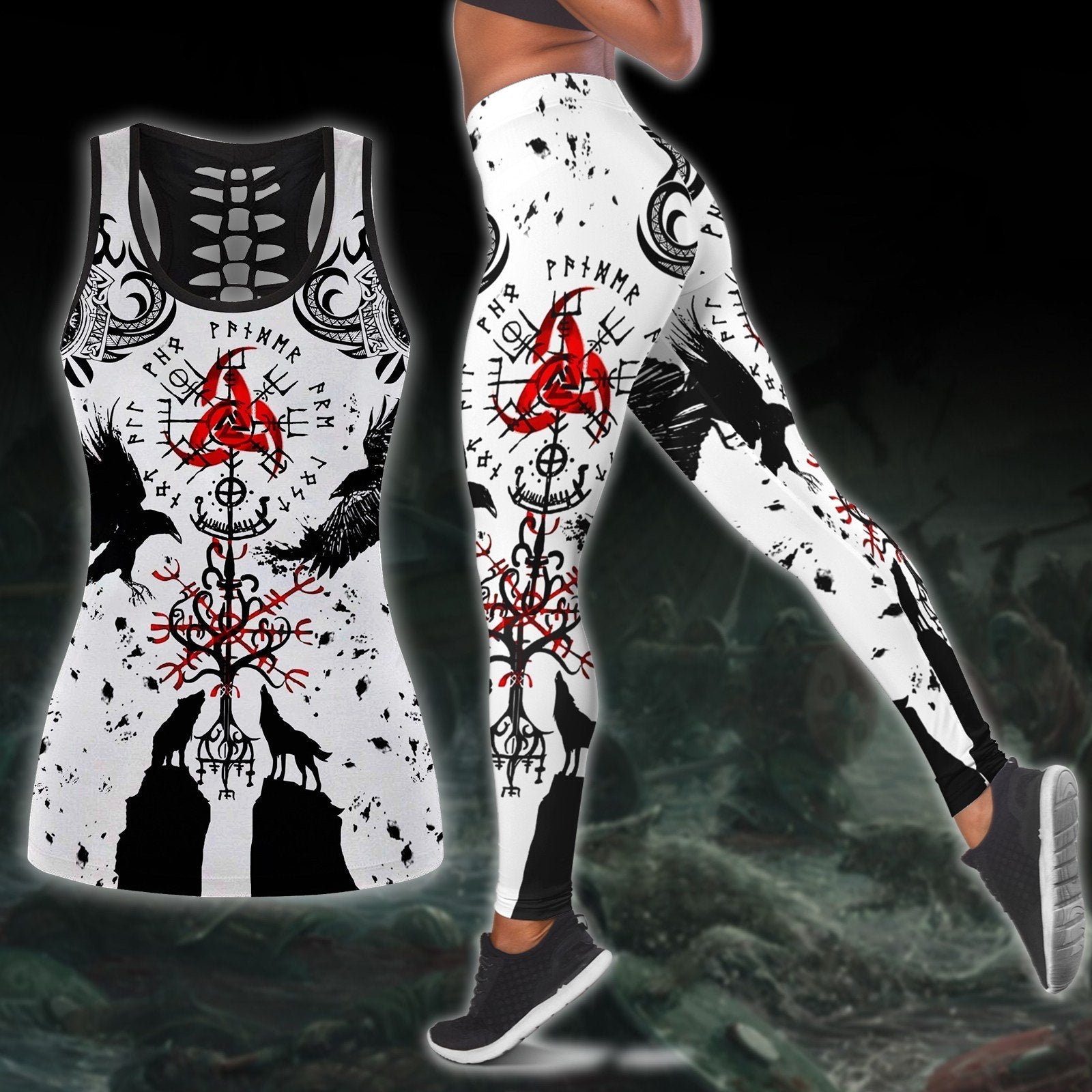 Vkings Tattoo Leggings and Hollow Out Tank Top - Amaze Style™-Apparel