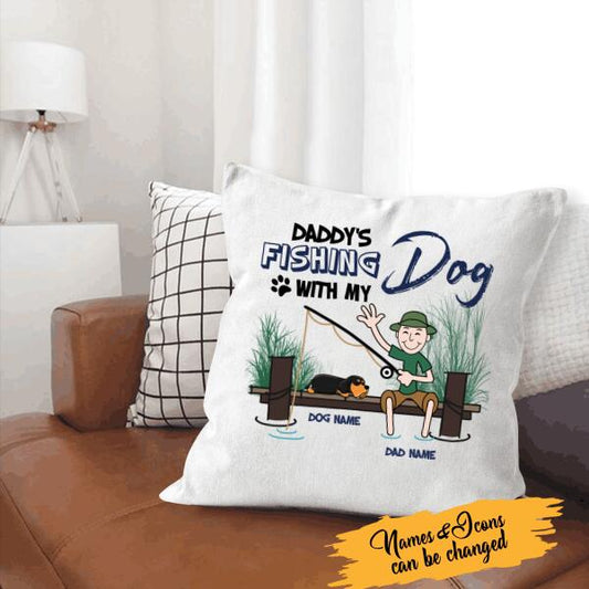 Daddy's Fishing With My Dog Personalized Canvas Throw Pillow