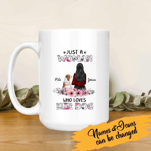 Just A Woman Who Loves Her Dog Floral Personalized Mug, Best Gift For Dog Mom And Dog Lovers