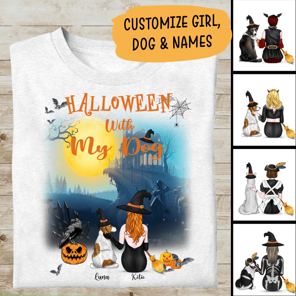 Halloween With My Dog Personalized T-shirt, Mug, Blanket, Poster, Canvas Throw Pillow, Best Gifts For Dog Lovers And Halloween Occasion