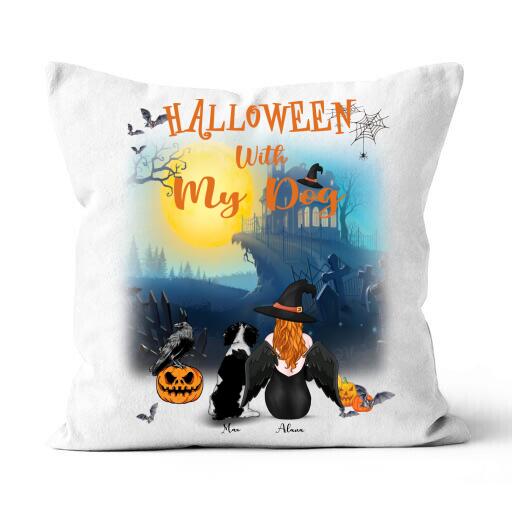 Halloween With My Dog Personalized T-shirt, Mug, Blanket, Poster, Canvas Throw Pillow, Best Gifts For Dog Lovers And Halloween Occasion