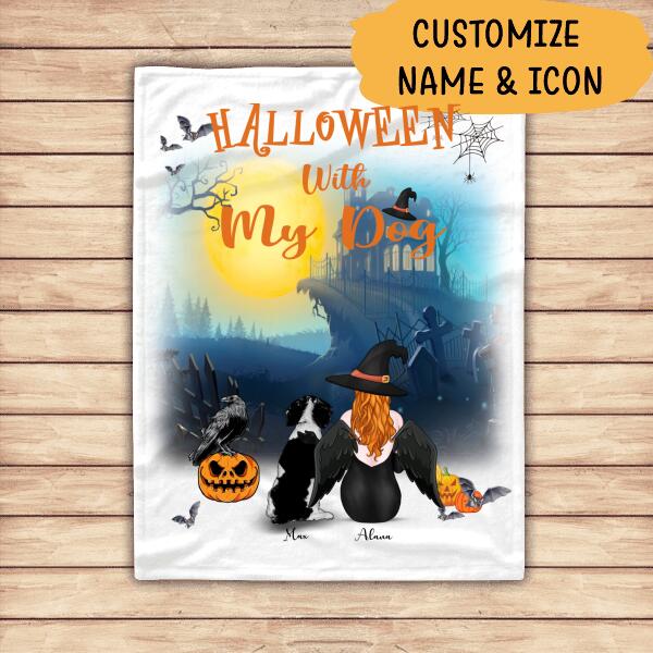 Halloween With My Dog Personalized T-shirt, Mug, Blanket, Poster, Canvas Throw Pillow, Best Gifts For Dog Lovers And Halloween Occasion