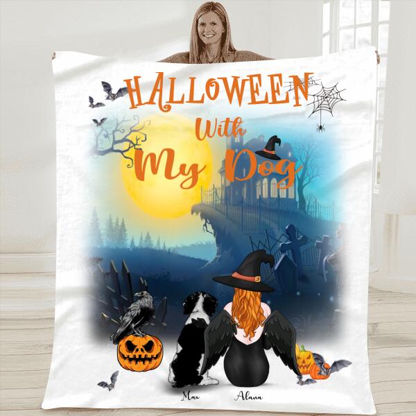 Halloween With My Dog Personalized T-shirt, Mug, Blanket, Poster, Canvas Throw Pillow, Best Gifts For Dog Lovers And Halloween Occasion