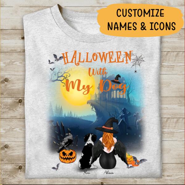 Halloween With My Dog Personalized T-shirt, Mug, Blanket, Poster, Canvas Throw Pillow, Best Gifts For Dog Lovers And Halloween Occasion