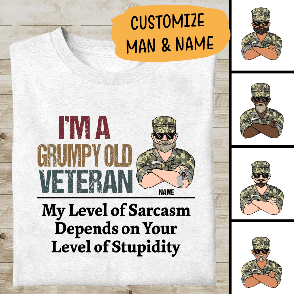 I'm A Grumpy Old Veteran My Level Of Sarcasm Personalized T-Shirt, Mug, Best Gifts For Veterans Day